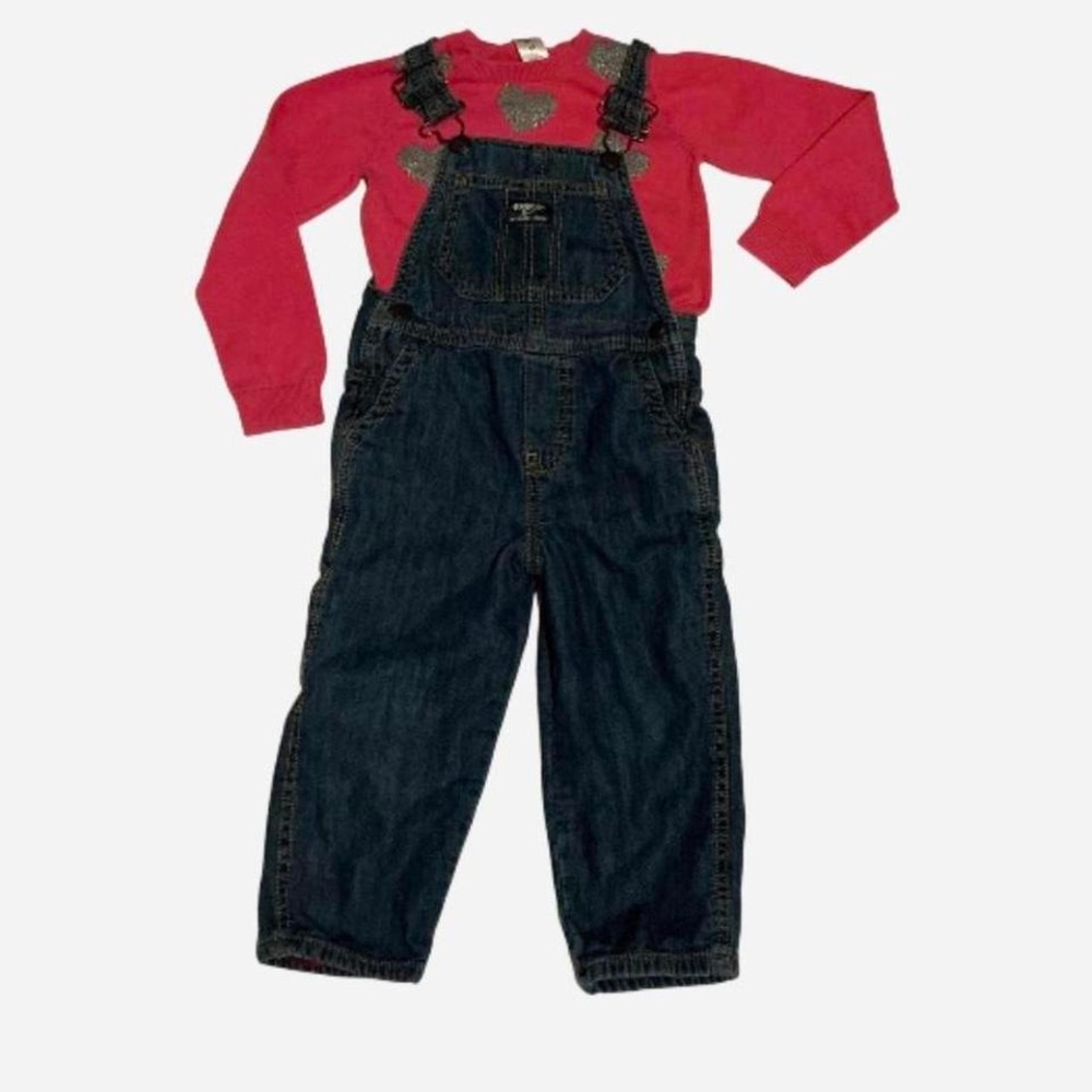 OshKosh B'gosh kid's blue denim overalls paired pink sweater and heart‎ details